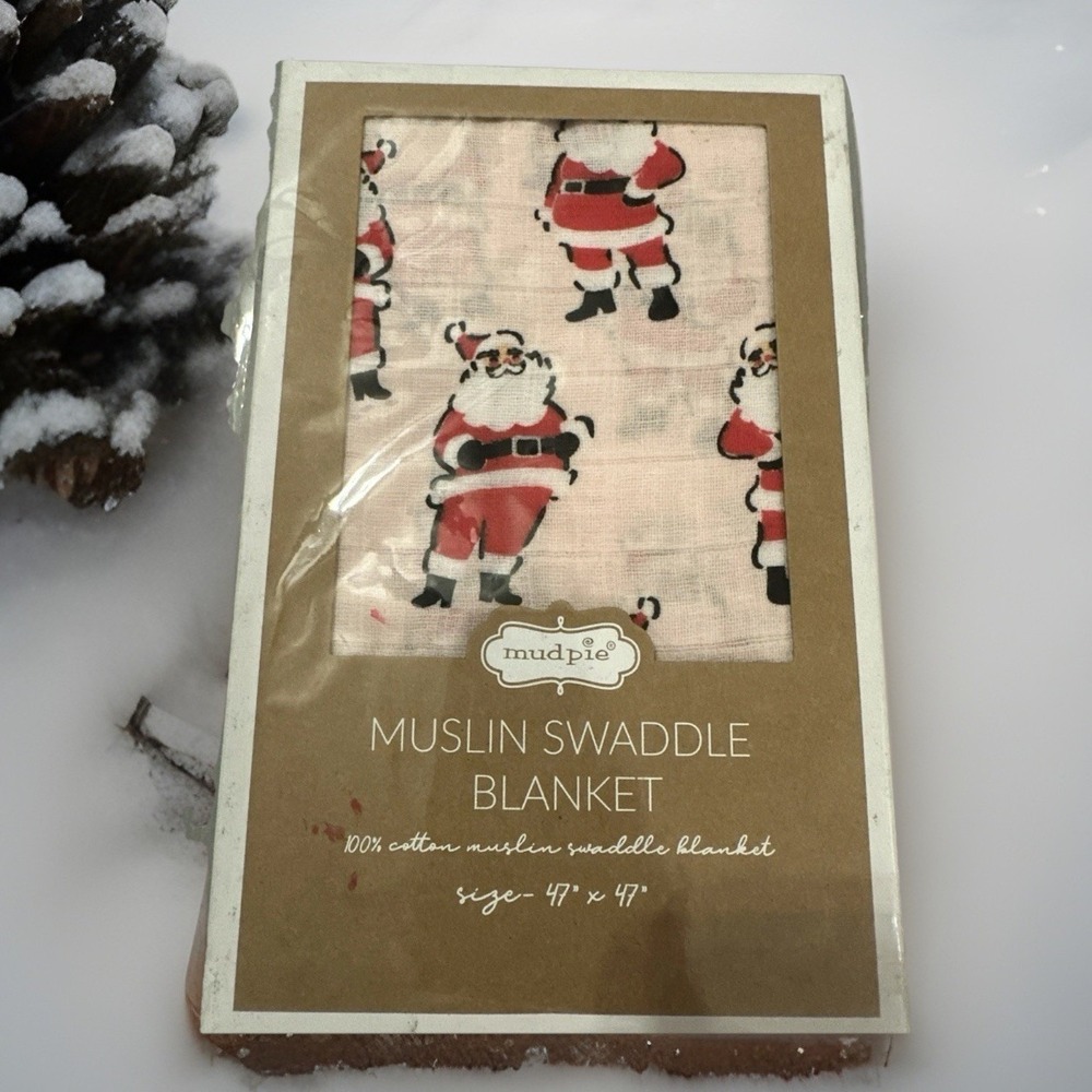Vintage Santa style Muslin Swaddle Blanket 100% Cotton 47x47 - mud pie New Pink